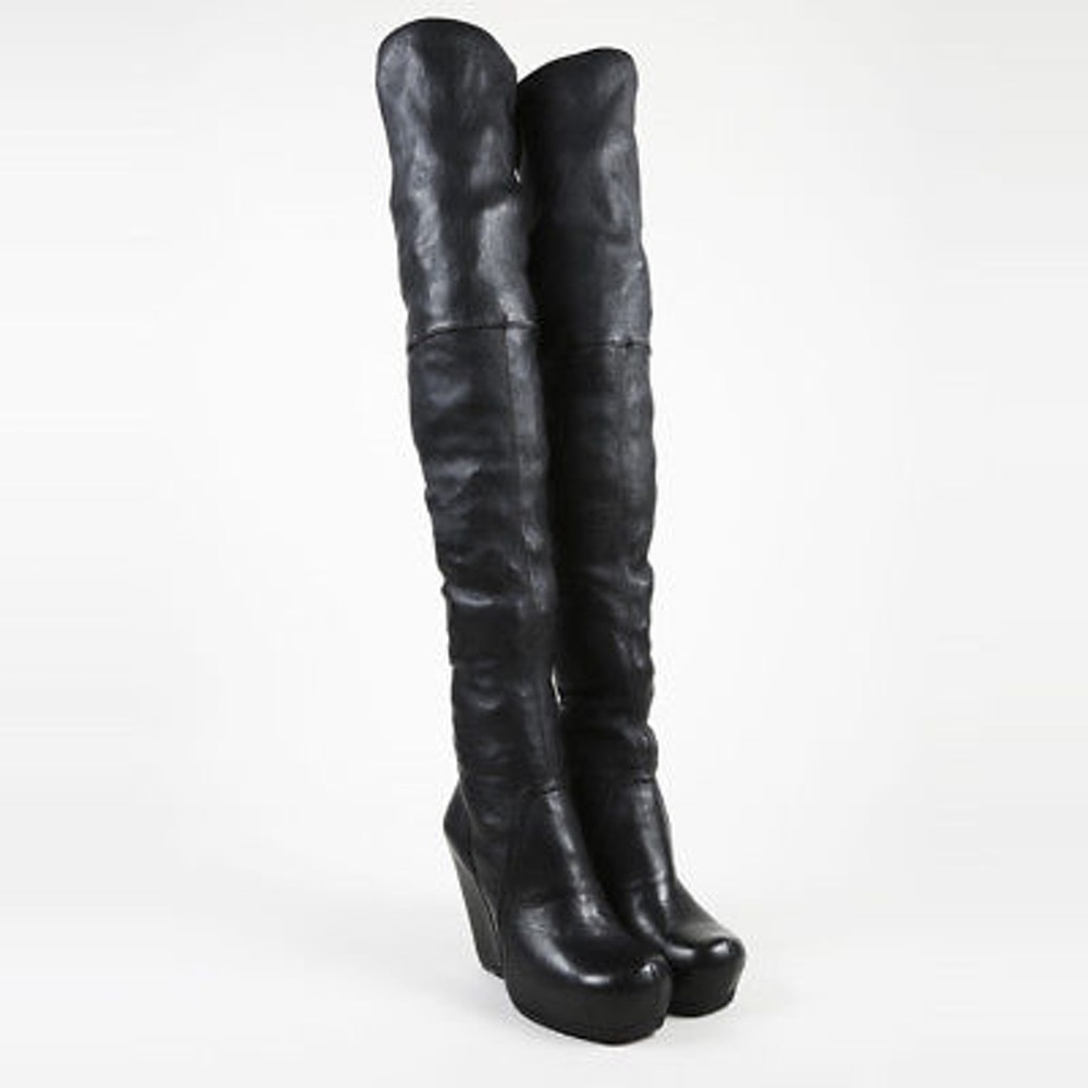 Rick Owens Black Leather Thigh High Boots 37.5